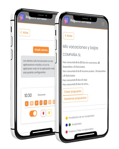 App control horario laboral para registras joranada Vista previa de la app de control horario laboral en un dispositivo móvil.